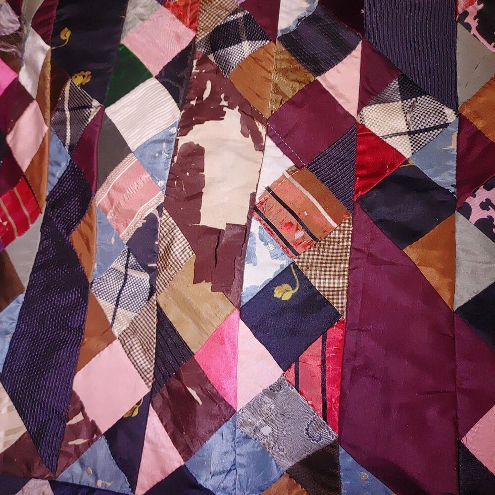 Antique Victorian 1800s Crazy Quilt Handmade Top Silk Patchwork Diamond Mosaic - Picture 14 of 16
